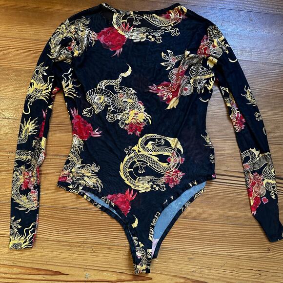 Sheer black gold red Asian long sleeve bodysuit SIZE L - Picture 1 of 4